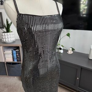 Aqua Silver Black Sheath Mini Dress Square Neck Sleeveless